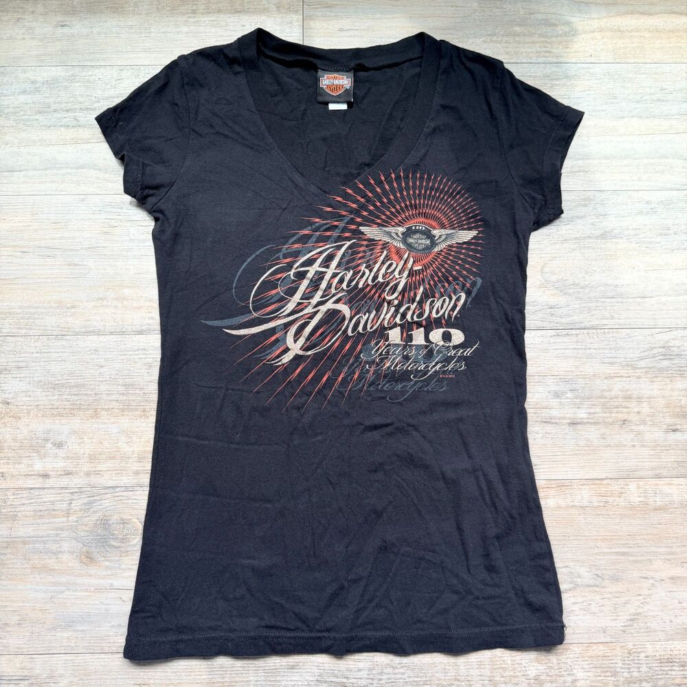 Vintage Y2K Harley Davidson Graphic V Neck Biker Motorcycle T Shirt Womens M